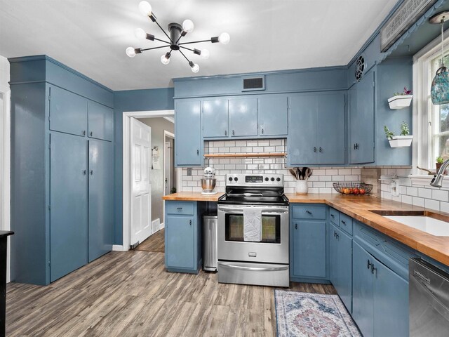 2728 E Dr, Fort Wayne, IN 46805 - kitchen with stainless steel electric range, blue cabinets, butcher block counters, and a sink