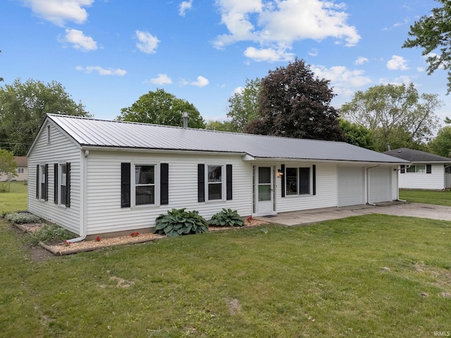 1813 Crescent Dr, Warsaw, IN 46580 - ranch-style home with an attached garage, driveway, a front lawn, and metal roof