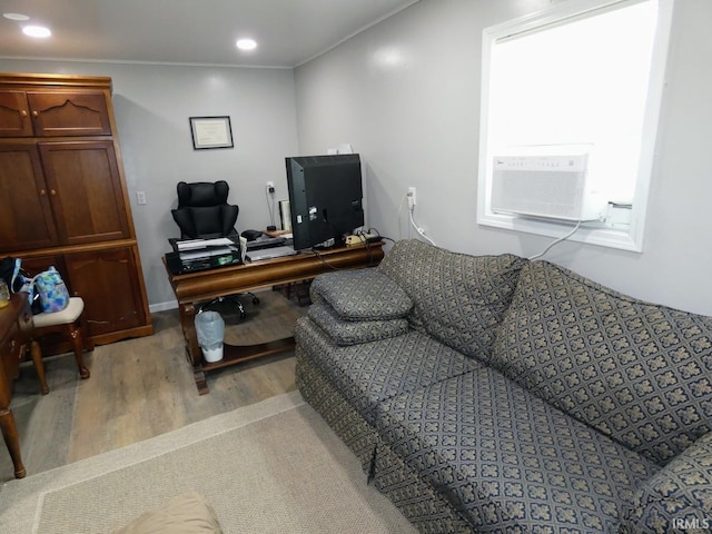 105 Shawnee Dr, Bedford, IN 47421 - home office featuring light wood-style flooring, ornamental molding, cooling unit, and recessed lighting