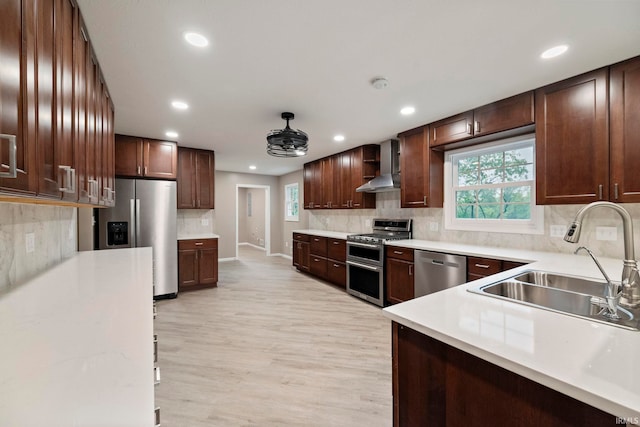 2213 Old Oak Dr, West Lafayette, IN 47906 - kitchen with appliances with stainless steel finishes, wall chimney exhaust hood, a sink, recessed lighting, and light countertops