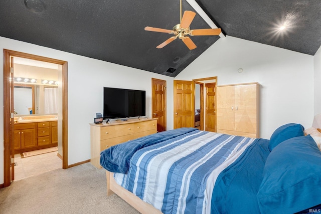 5531 Gate Tree Ln, Fort Wayne, IN 46835 - bedroom with lofted ceiling, light colored carpet, a ceiling fan, and connected bathroom