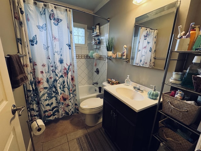 1005 Elm St, Plymouth, IN 46563 - bathroom featuring tile patterned floors, vanity, toilet, shower / bath combination with curtain, and ornamental molding