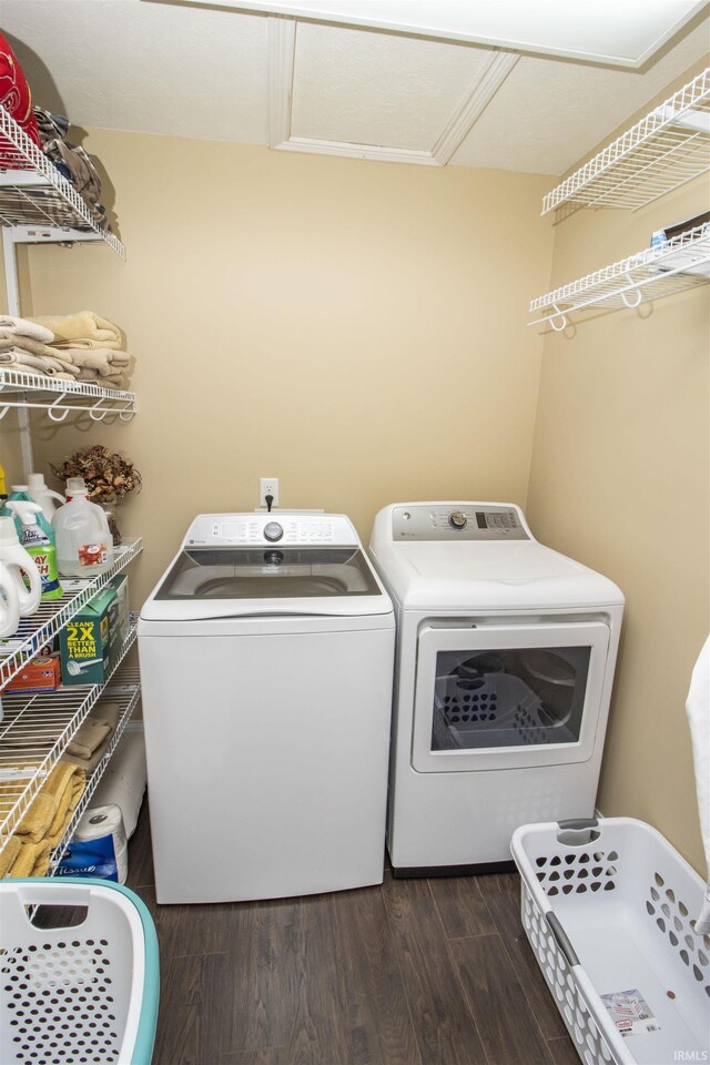 917 E Mill Creek Rd, Greensburg, IN 47240 - washroom featuring washer and dryer, dark wood finished floors, and attic access