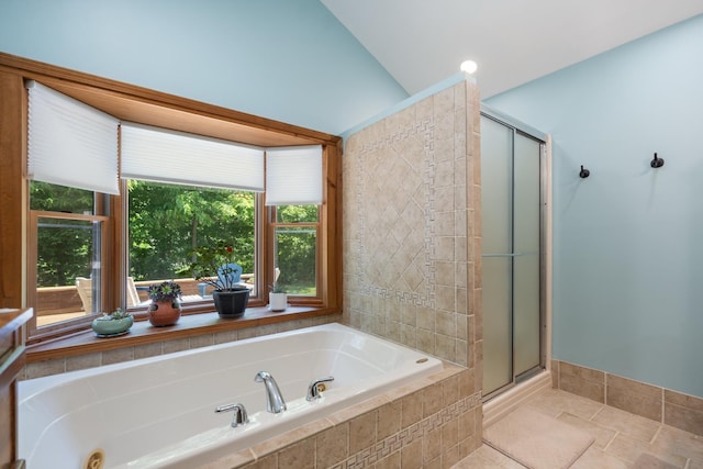 3705 E Forest Glen Ave, Leesburg, IN 46538 - full bathroom featuring a whirlpool tub, lofted ceiling, a stall shower, and tile patterned floors