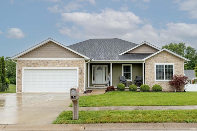 1154 S Deer Run, Ellettsville, IN 47429 - view of front facade with stone siding, a porch, concrete driveway, a garage, and a front yard