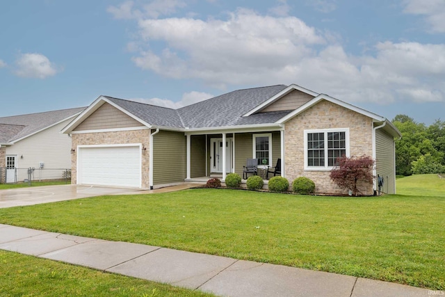 1154 S Deer Run, Ellettsville, IN 47429 - ranch-style home featuring stone siding, a porch, a garage, concrete driveway, and a front yard