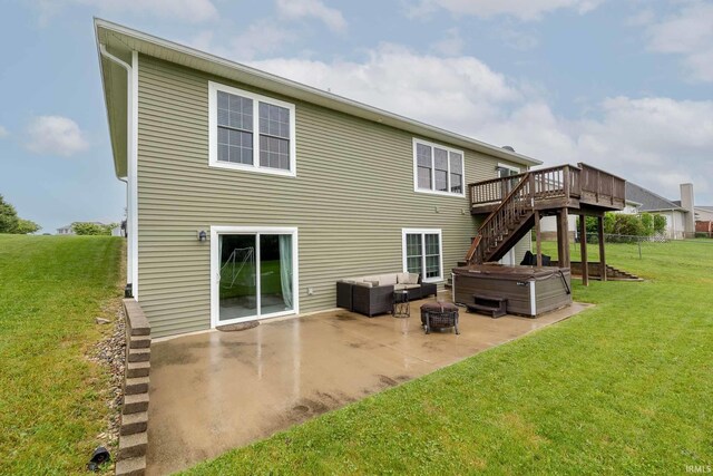 1154 S Deer Run, Ellettsville, IN 47429 - rear view of house featuring an outdoor hangout area, a wooden deck, a patio, stairs, and a lawn