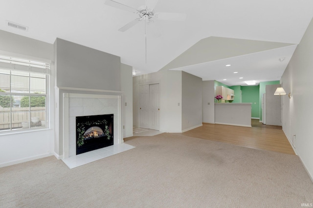 5248 Coventry Ln, Fort Wayne, IN 46804 - unfurnished living room with light carpet, a fireplace, baseboards, ceiling fan, and recessed lighting