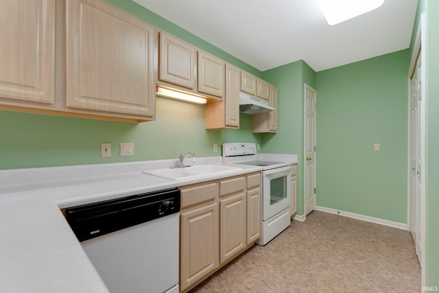 5248 Coventry Ln, Fort Wayne, IN 46804 - kitchen featuring white appliances, a sink, under cabinet range hood, light brown cabinets, and light countertops