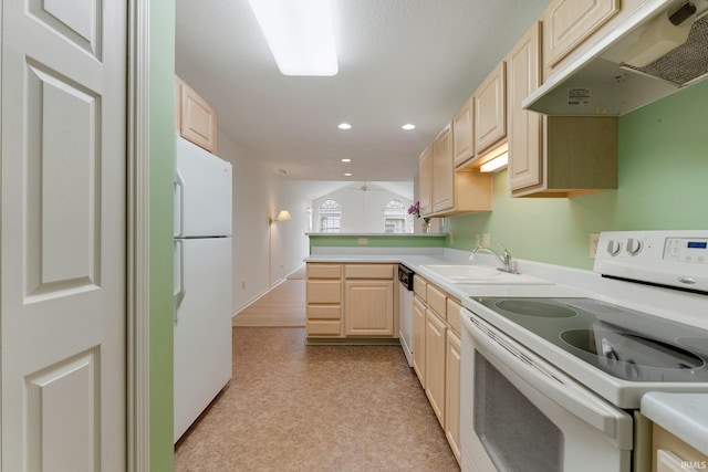 5248 Coventry Ln, Fort Wayne, IN 46804 - kitchen featuring white appliances, under cabinet range hood, light brown cabinets, a sink, and light flooring