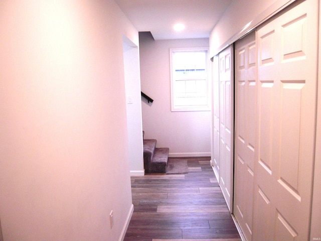 25123 Snyder St, Elkhart, IN 46514 - hallway featuring stairway, dark wood-style floors, baseboards, and recessed lighting