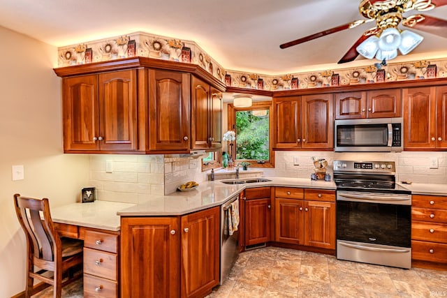 70 Mayflower Ct, Lafayette, IN 47909 - kitchen featuring appliances with stainless steel finishes, a sink, backsplash, a ceiling fan, and an office area