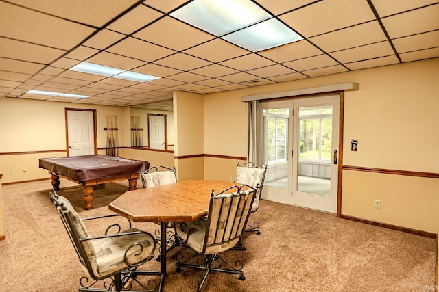 70 Mayflower Ct, Lafayette, IN 47909 - recreation room with carpet flooring, pool table, a paneled ceiling, and baseboards