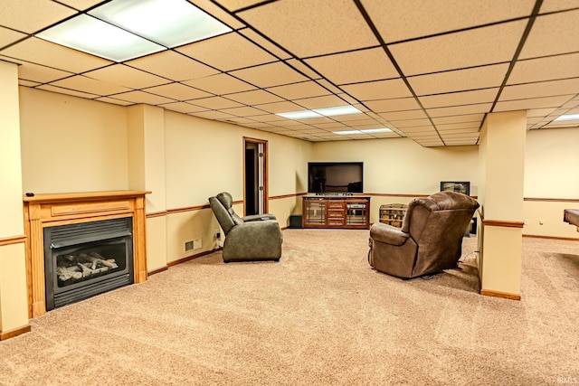70 Mayflower Ct, Lafayette, IN 47909 - living area featuring carpet flooring, a glass covered fireplace, and a drop ceiling