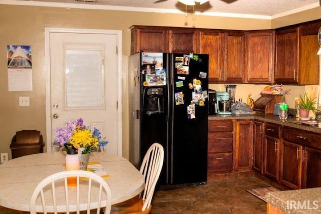 2447 S Meridian St, Marion, IN 46953 - kitchen featuring black fridge with ice dispenser, ceiling fan, and crown molding