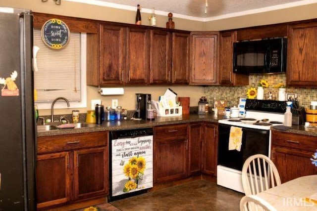 2447 S Meridian St, Marion, IN 46953 - kitchen featuring black microwave, white electric stove, dishwashing machine, freestanding refrigerator, and a sink
