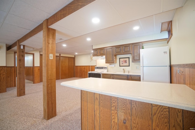 4630 E Armstrong Rd, Leesburg, IN 46538 - kitchen with white appliances, under cabinet range hood, wood walls, light countertops, and wainscoting