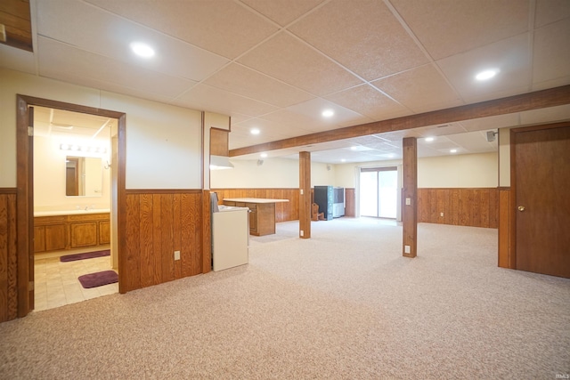 4630 E Armstrong Rd, Leesburg, IN 46538 - basement with a wainscoted wall, wooden walls, light carpet, recessed lighting, and a drop ceiling