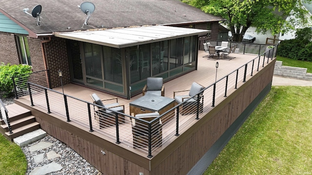 4630 E Armstrong Rd, Leesburg, IN 46538 - deck featuring a sunroom and outdoor dining area