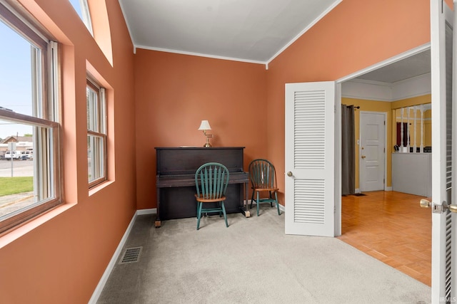 726 S Johnson, Bluffton, IN 46714 - home office featuring ornamental molding, baseboards, lofted ceiling, and carpet floors