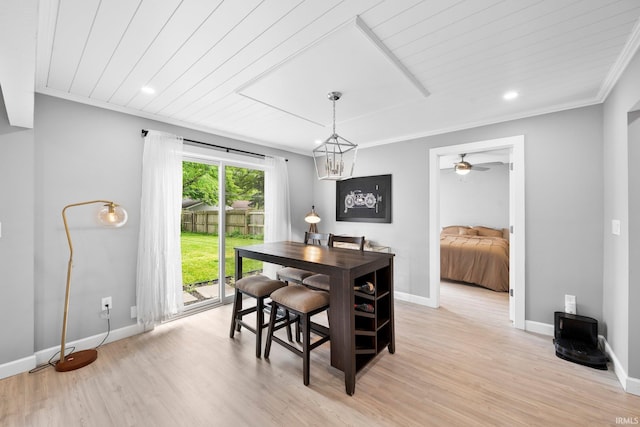 1718 Churchill Dr, South Bend, IN 46617 - dining space with baseboards, light wood-style floors, crown molding, wooden ceiling, and recessed lighting