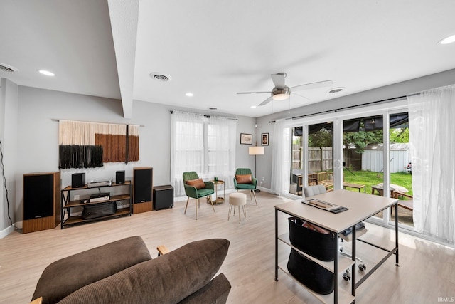 1718 Churchill Dr, South Bend, IN 46617 - living area featuring ceiling fan, light wood-style flooring, baseboards, recessed lighting, and a desk