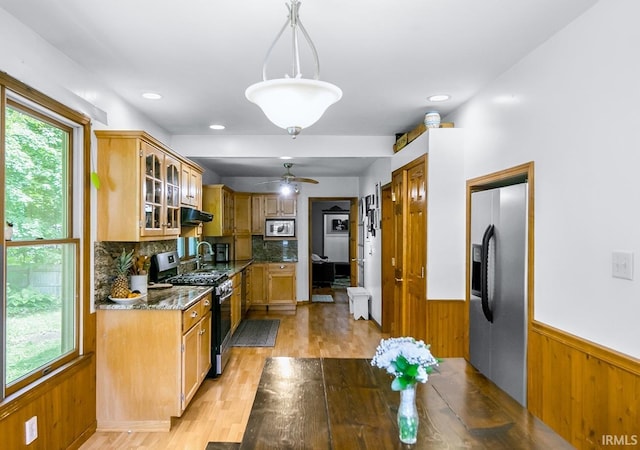 59483 Clover Rd, Mishawaka, IN 46544 - kitchen featuring appliances with stainless steel finishes, a wainscoted wall, healthy amount of natural light, light wood finished floors, and under cabinet range hood