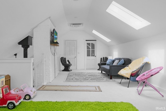 59483 Clover Rd, Mishawaka, IN 46544 - playroom featuring a skylight, vaulted ceiling, and carpet floors
