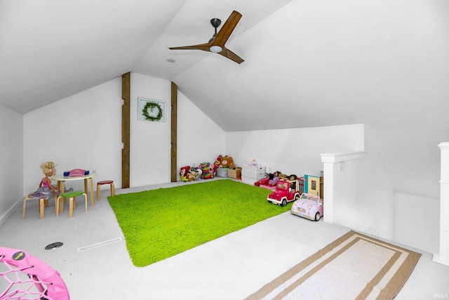 59483 Clover Rd, Mishawaka, IN 46544 - playroom featuring lofted ceiling, carpet, and a ceiling fan