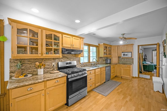 59483 Clover Rd, Mishawaka, IN 46544 - kitchen featuring stainless steel appliances, under cabinet range hood, a sink, ceiling fan, and backsplash