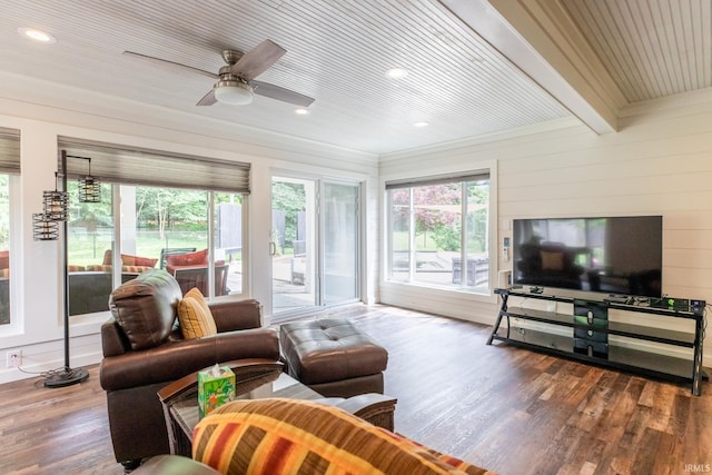 4000 E Stonegate Dr, Bloomington, IN 47401 - living room with wood finished floors, ceiling fan, recessed lighting, wooden ceiling with exposed beams, and crown molding