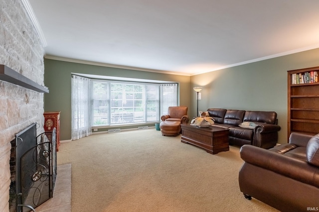 4000 E Stonegate Dr, Bloomington, IN 47401 - living area with crown molding, carpet floors, a fireplace, and baseboards