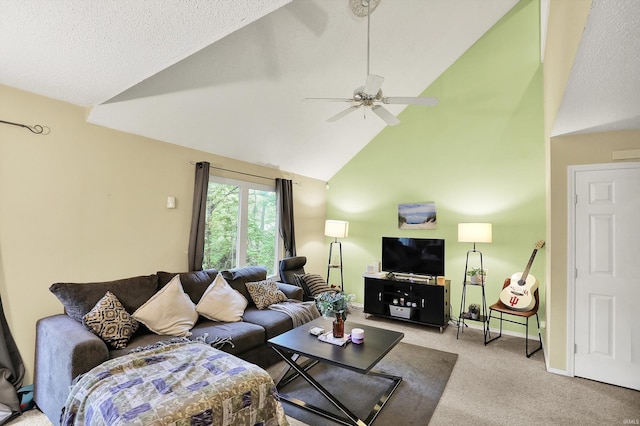 2210 S Laurelwood Cir, Bloomington, IN 47401 - living room with carpet, high vaulted ceiling, ceiling fan, and baseboards