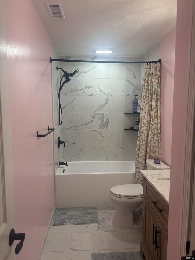 7805 W Kennedy Pkwy, Yorktown, IN 47396 - bathroom featuring marble finish flooring, vanity, toilet, shower / tub combo with curtain, and baseboards