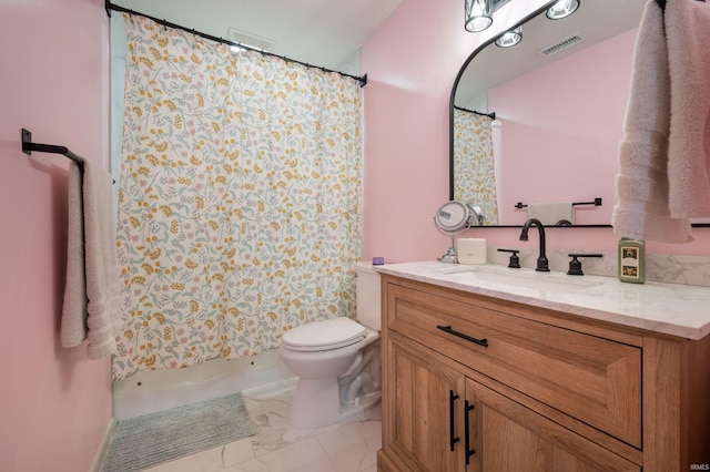 7805 W Kennedy Pkwy, Yorktown, IN 47396 - bathroom with marble look tile flooring, vanity, toilet, and a shower with shower curtain