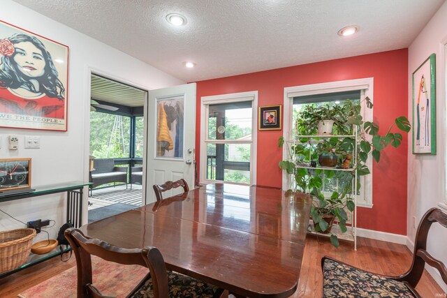 1203 W 6th St, Bloomington, IN 47404 - dining space with wood finished floors, plenty of natural light, a textured ceiling, recessed lighting, and baseboards