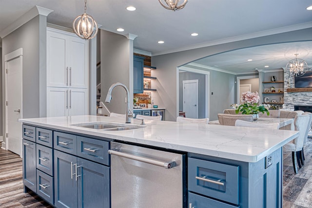 4308 Martha Ct, Newburgh, IN 47630 - kitchen featuring a sink, stainless steel dishwasher, dark wood-style flooring, arched walkways, and crown molding