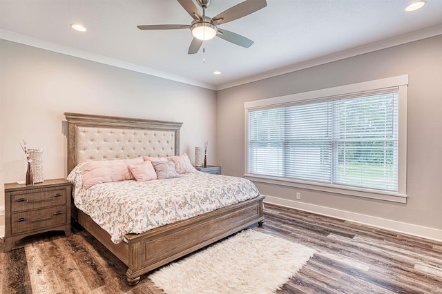 4308 Martha Ct, Newburgh, IN 47630 - bedroom with baseboards, dark wood-style floors, recessed lighting, ornamental molding, and a ceiling fan