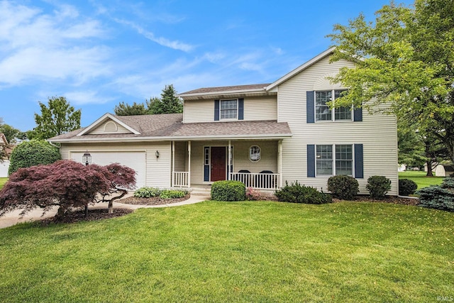 50576 W Park Ln, Granger, IN 46530 - traditional-style house featuring a porch, an attached garage, a front lawn, and a shingled roof