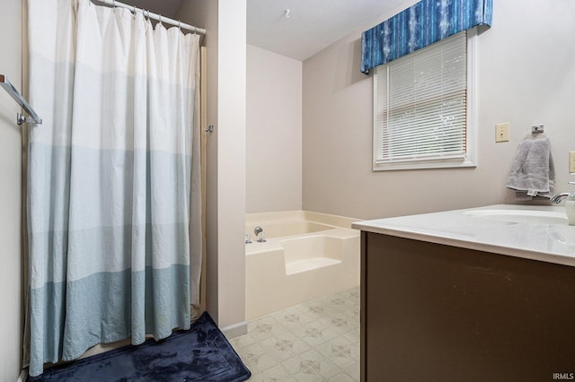 50576 W Park Ln, Granger, IN 46530 - full bath with vanity, a bath, tile patterned floors, and curtained shower