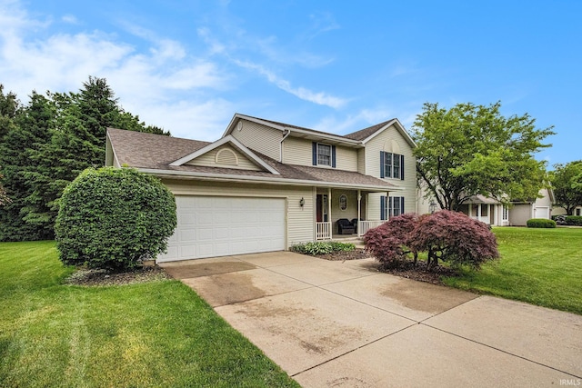 50576 W Park Ln, Granger, IN 46530 - traditional home featuring an attached garage, a porch, a front yard, driveway, and a shingled roof