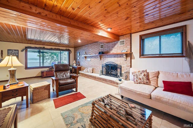 8818 N 1132 W, Monticello, IN 47960 - tiled living area with wood ceiling and a fireplace