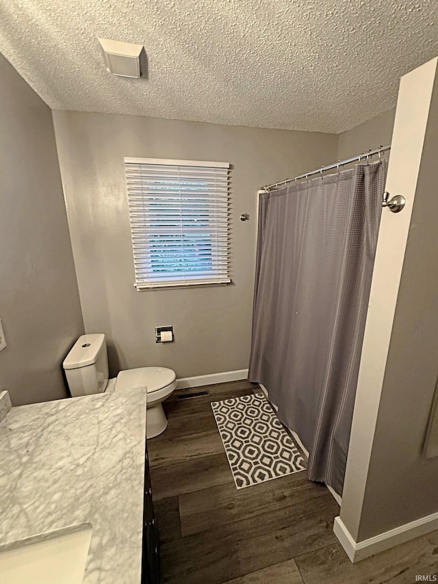 2124 Lakeview Dr, Washington, IN 47501 - full bathroom with toilet, a textured ceiling, vanity, wood finished floors, and curtained shower