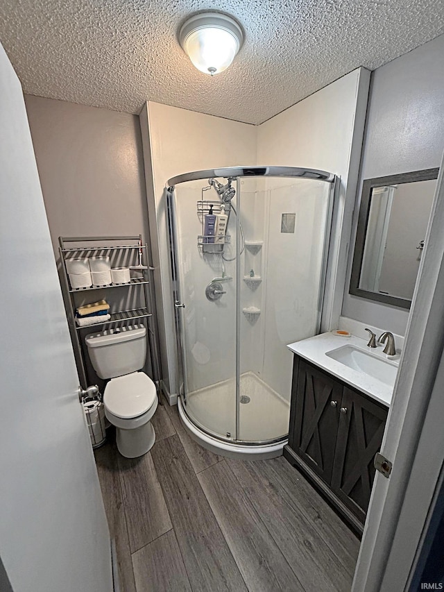 2124 Lakeview Dr, Washington, IN 47501 - full bathroom with a textured ceiling, wood finished floors, toilet, a stall shower, and vanity