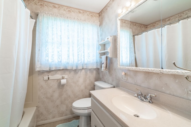 705 W W Spg, Fremont, IN 46737 - bathroom featuring vanity, toilet, and shower / tub combo with curtain