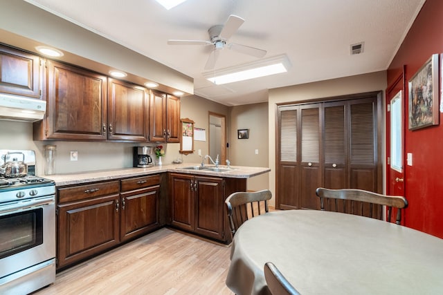 705 W W Spg, Fremont, IN 46737 - kitchen with gas range, under cabinet range hood, a sink, light wood-style floors, and light countertops