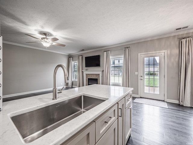 2747 Thornhill Dr, Evansville, IN 47725 - kitchen with a sink, crown molding, a textured ceiling, dark wood-type flooring, and a tile fireplace