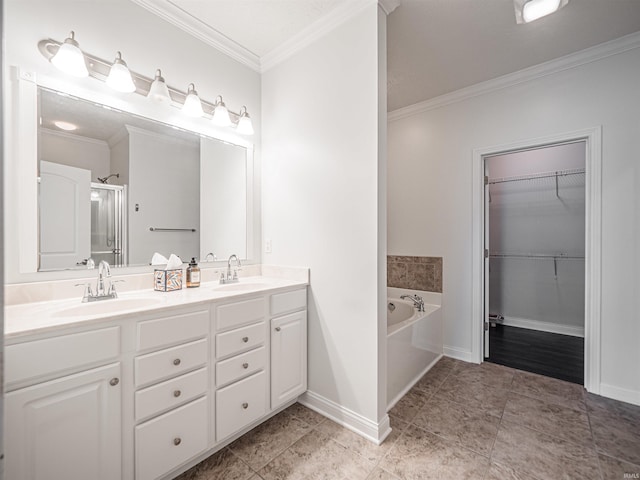2747 Thornhill Dr, Evansville, IN 47725 - full bathroom with a stall shower, double vanity, ornamental molding, a bath, and a spacious closet