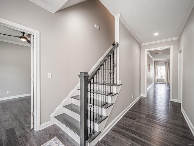 2747 Thornhill Dr, Evansville, IN 47725 - staircase featuring wood finished floors, crown molding, baseboards, a ceiling fan, and recessed lighting