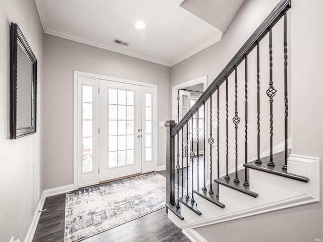 2747 Thornhill Dr, Evansville, IN 47725 - entrance foyer with wood finished floors, crown molding, baseboards, stairs, and recessed lighting